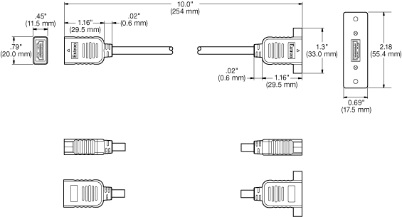 1 个 HDMI 插座对 10" 引线上的插座 Panel Drawing