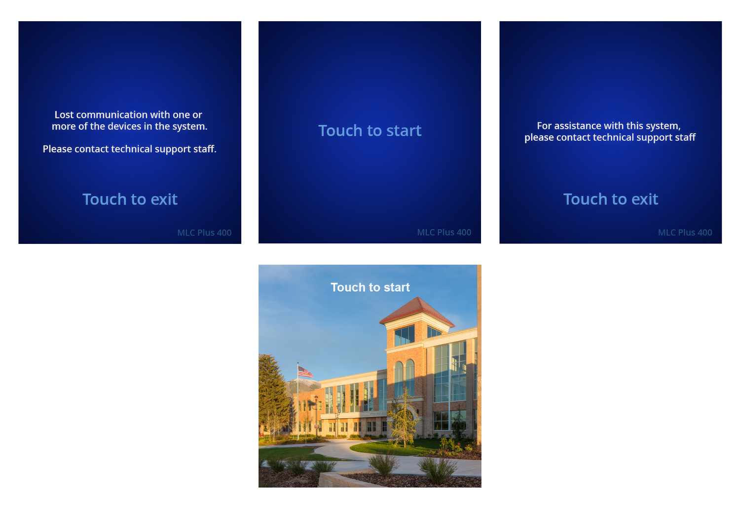 Default Notification, Start, and Help Screens along with an example of a Custom Start Screen