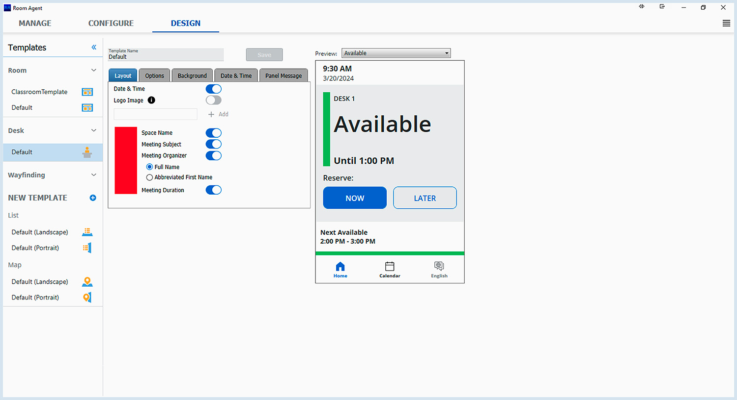 Extron Desk Scheduling - with dark and light color theme background on TLS 300M touchpanel