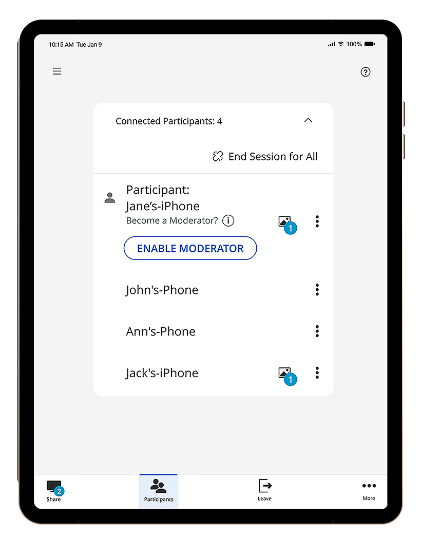 Moderators can view participants from an iPad