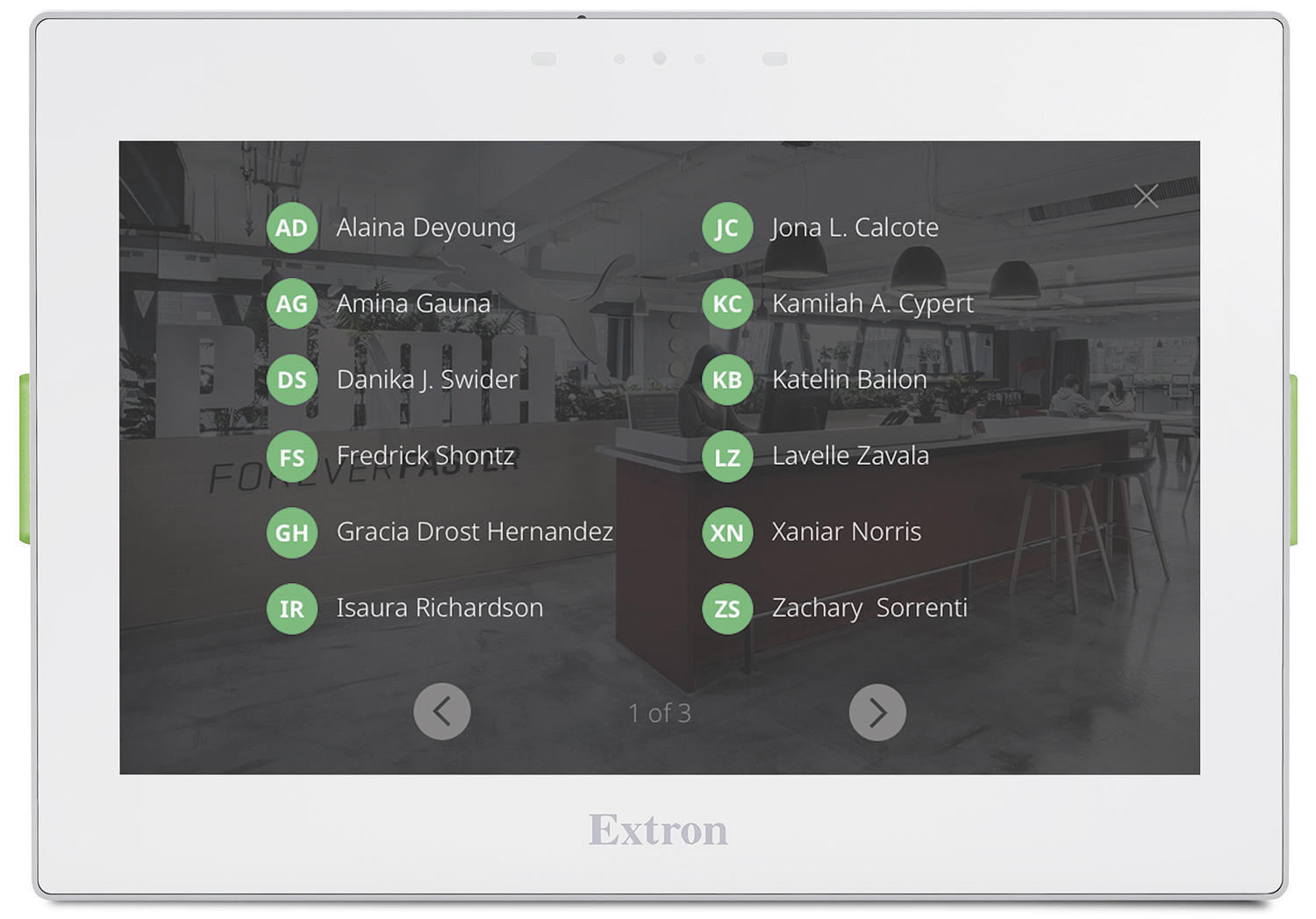 Extron Room Agent - list of meeting attendees with dark theme background on TLS 725M panel