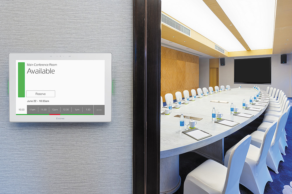 Free Extron Room Agent software user interface on a TLS 1025M TouchLink Scheduling Panel