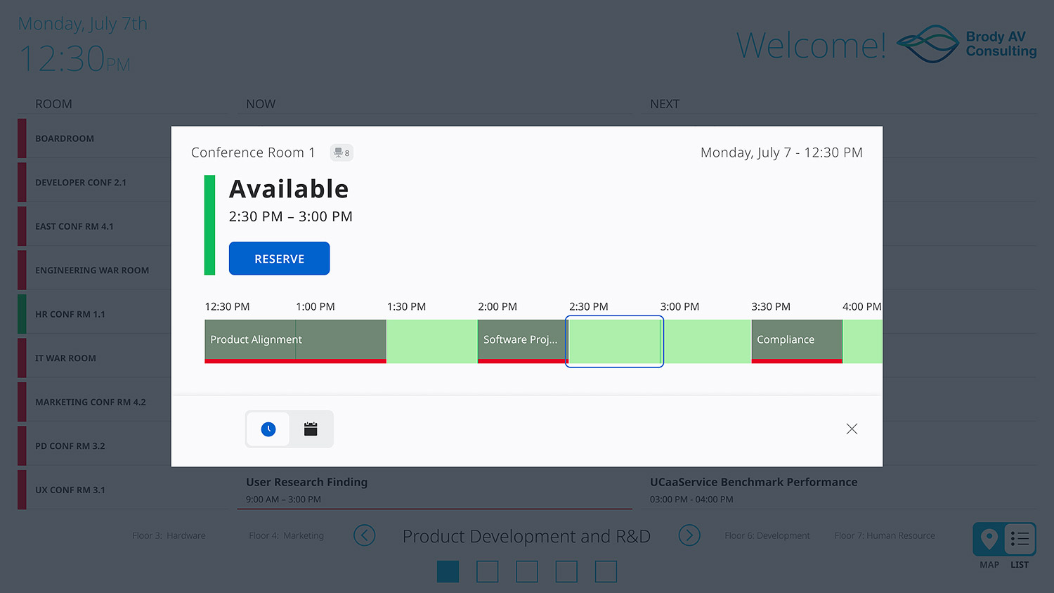 Use the TLSI 201 Wayfinding Interface to easily reserve a future meeting time and view the room capacity. This TLSI 201 is configured with free Extron Room Agent software for a light themed background.