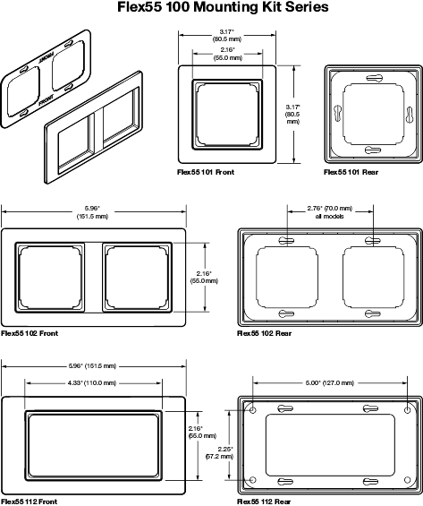 Dimensions diagram of Flex55 101, 102, and 112 models