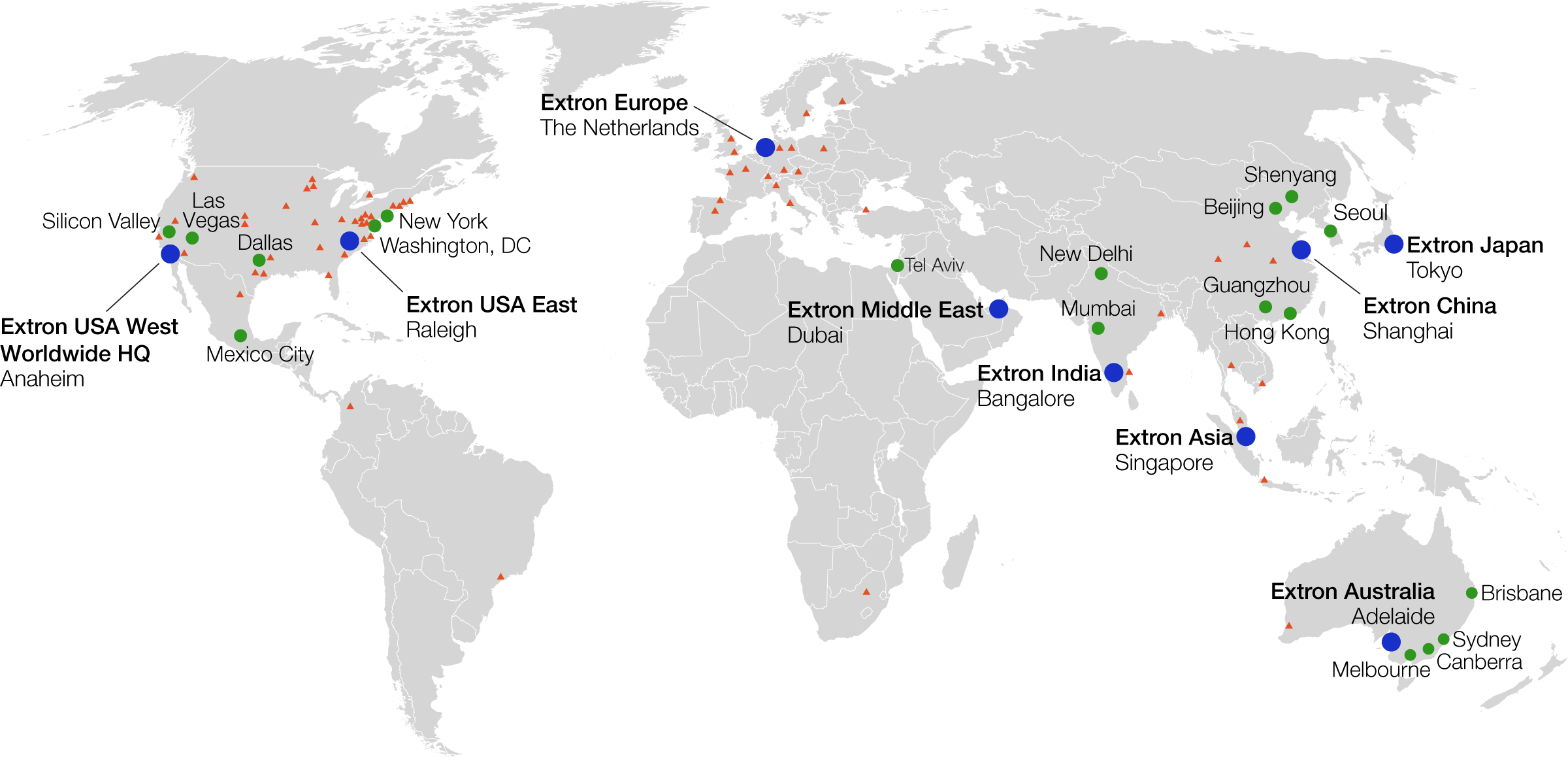 A world map showing main Extron offices and regional training and support centers.